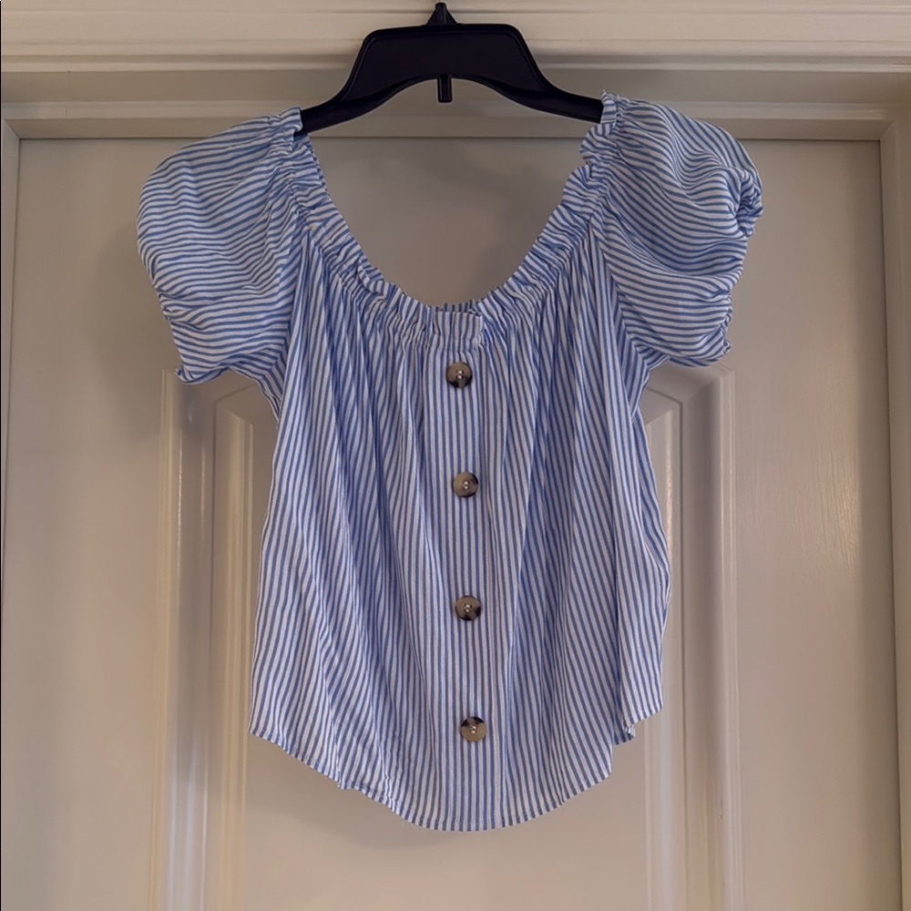 Divided Brand Blue and White Striped Short Sleeve/Off the Shoulder Top
